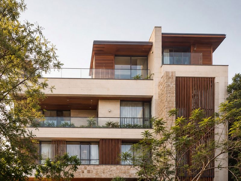 Premium residence: Timber balconies in a green setting.