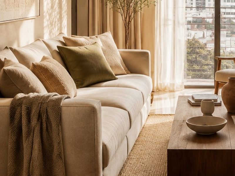 Layered textures: Throws, cushions and natural wood.