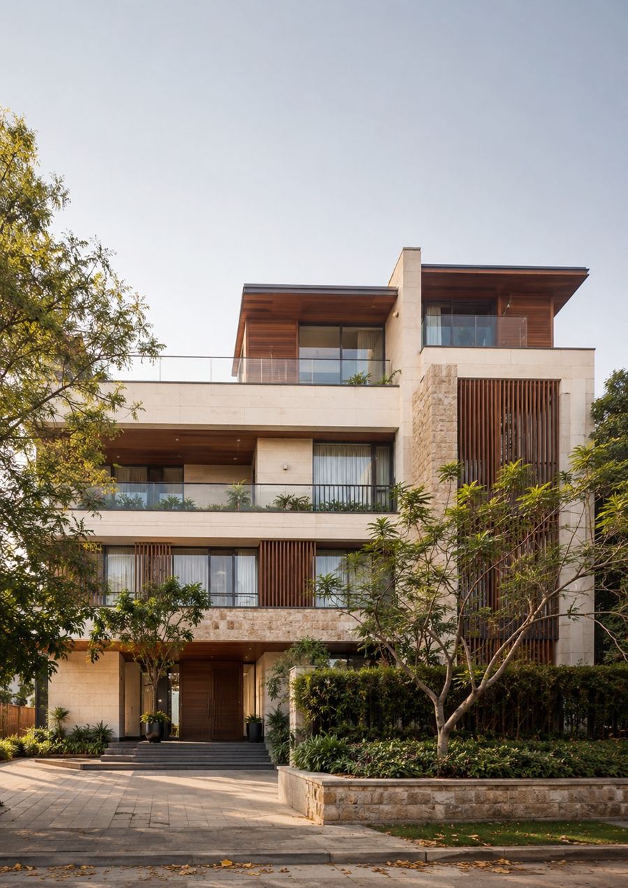 Modern residential building with timber balconies and landscaped entrance